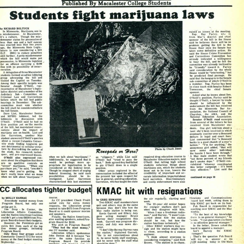 Students fight marijuana laws, KMAC hit with resignations, CC allocates tighter budget
